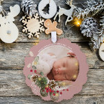 Baby's First Christmas Photo Keepsake Tree Decoration Card<br><div class="desc">Beautiful Baby's First Christmas wrapped in golden lights and holly against a pink blush background making a unique gift and keepsake for all your best wishes during the holiday season.  Easily personalise with your name and favourite photo of your choice.</div>