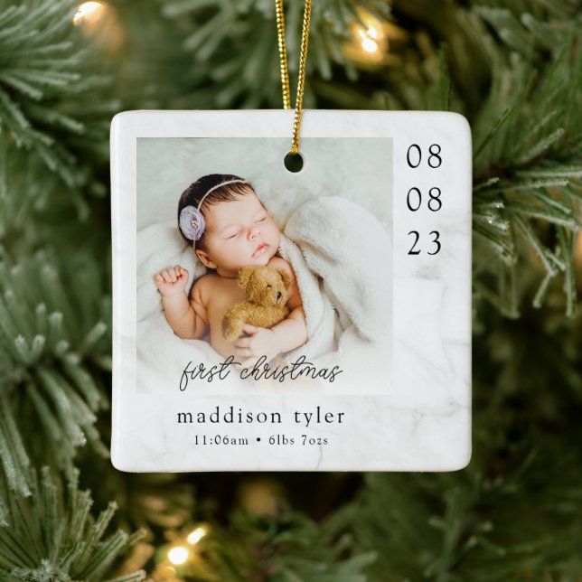 Baby's First Christmas Photo Marble Ceramic Ornament (Tree)