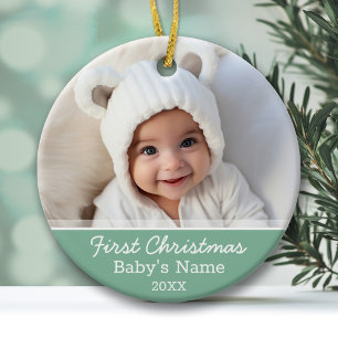 Baby's First Christmas Photo Mint Green Minimal Ceramic Tree Decoration