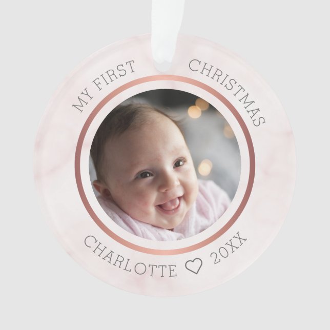 Baby's First Christmas Photo Modern Pink Marble Ornament (Front)