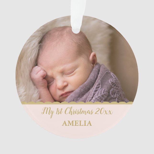 Baby's First Christmas Photo Monogram Blush Pink Ornament (Front)