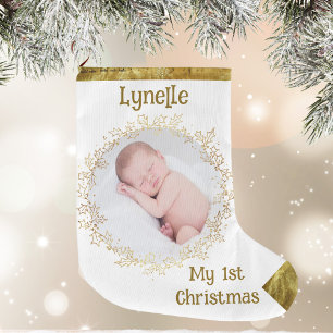 Baby's First Christmas, Photo, Name, Gold, White  Large Christmas Stocking
