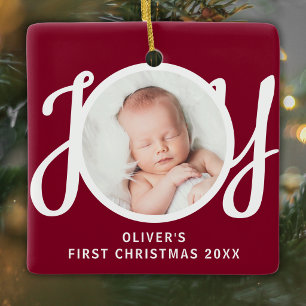 Baby's First Christmas Photo Name Keepsake Maroon Ceramic Ornament