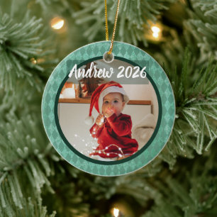 Baby's first Christmas photo name on green Ceramic Tree Decoration