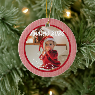 Baby's first Christmas photo name on red stripes Ceramic Tree Decoration