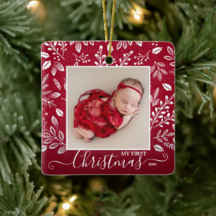 Baby's First Christmas Photo on Cranberry Ceramic Ornament