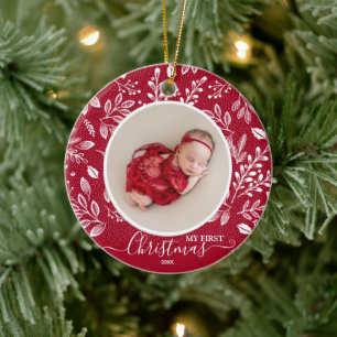 Baby's First Christmas Photo on Cranberry Ceramic Tree Decoration