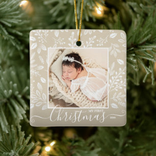 Baby's First Christmas Photo on Ivory Ceramic Ornament