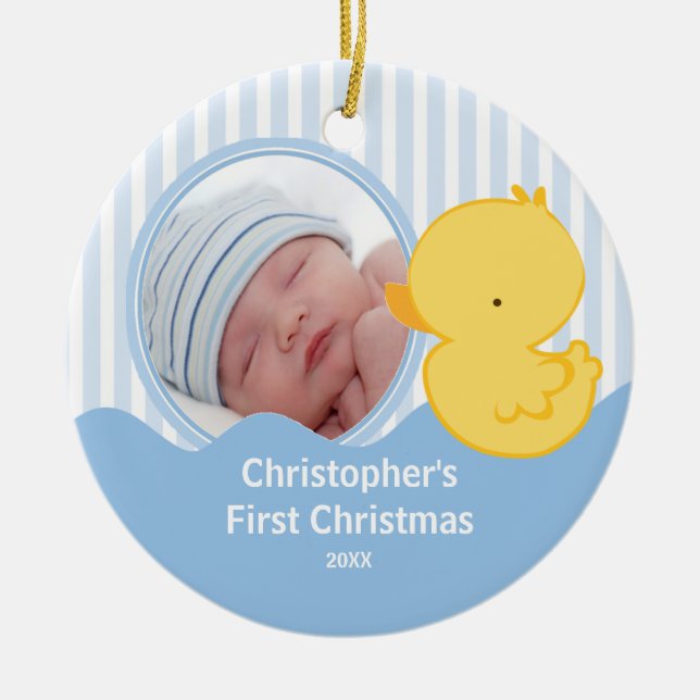 Babys First Christmas Photo Ornament Duck Boy (Front)