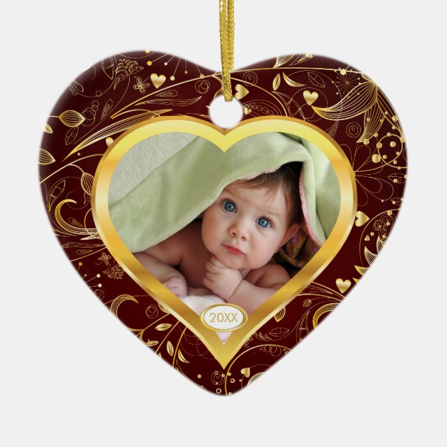 Baby's First Christmas Photo Ornament Heart Gold (Front)