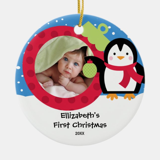 Babys First Christmas Photo Ornament Penguin (Front)