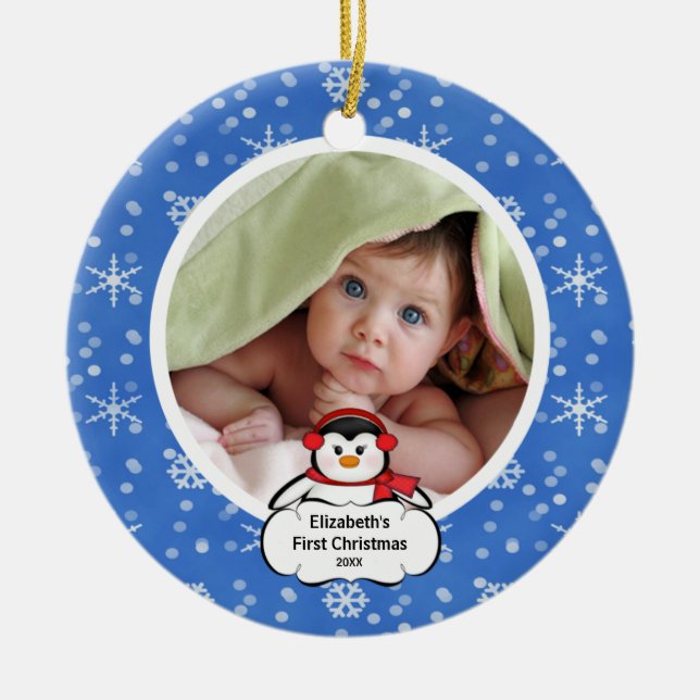 Babys First Christmas Photo Ornament Penguin (Front)