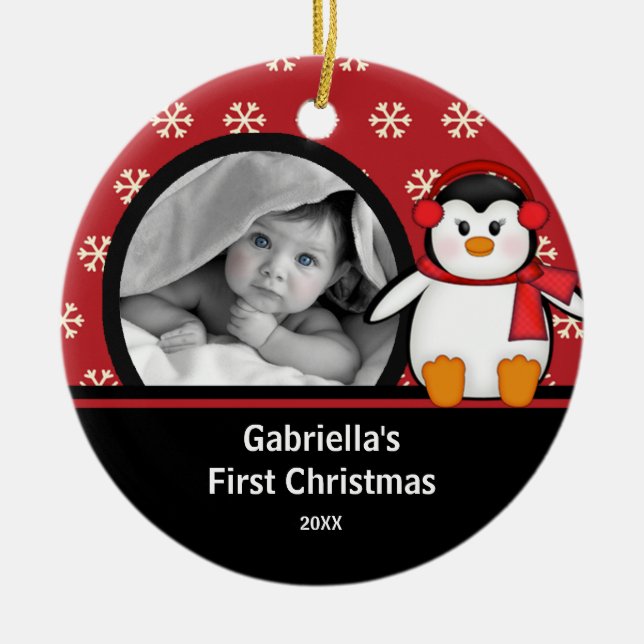 Babys First Christmas Photo Ornament Penguin (Front)