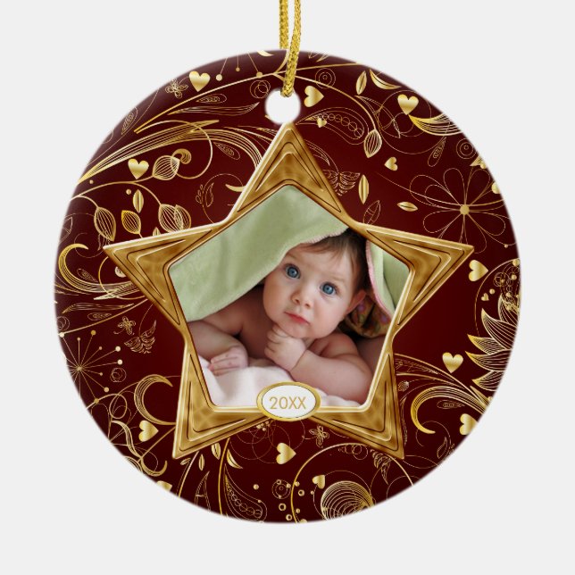 Baby's First Christmas Photo Ornament Star Gold (Front)
