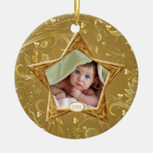 Baby's First Christmas Photo Ornament Star Gold