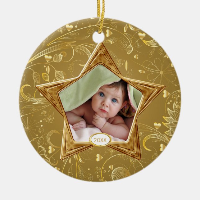 Baby's First Christmas Photo Ornament Star Gold (Front)