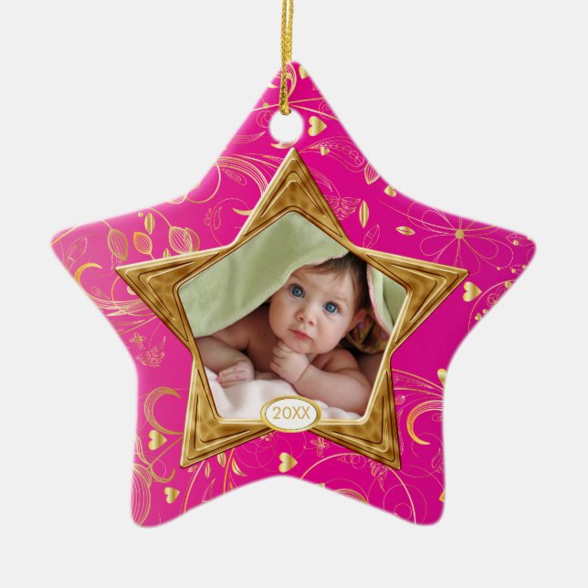 Baby's First Christmas Photo Ornament Star Pink (Front)