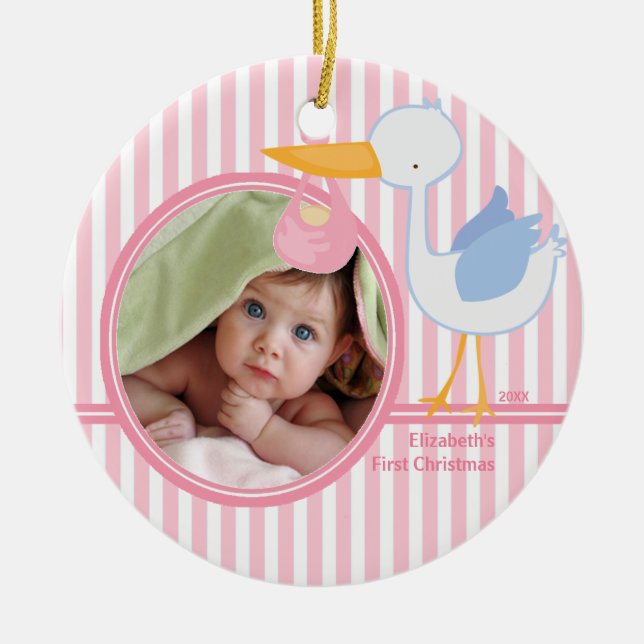 Babys First Christmas Photo Ornament Stork girl (Front)