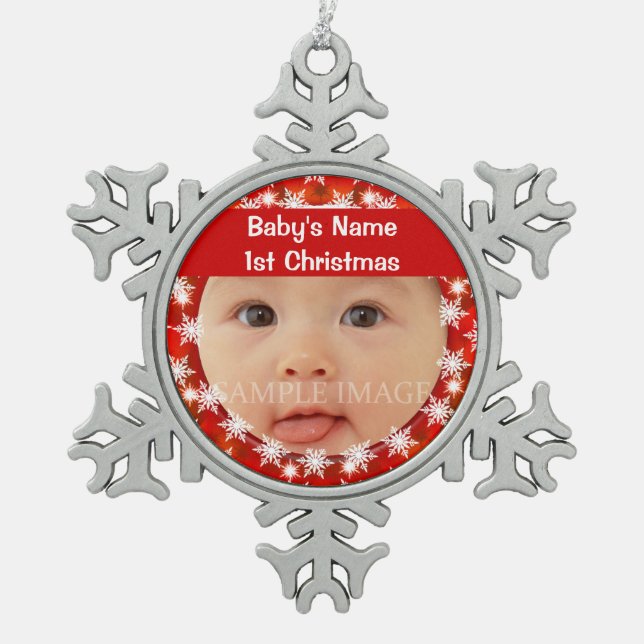 Baby's first christmas photo personalise snowflake pewter christmas ornament (Front)