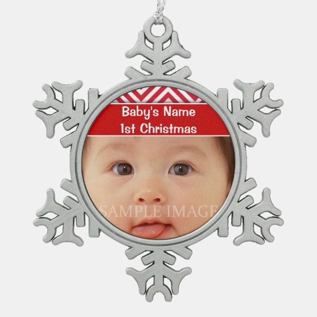Baby's first christmas photo personalise snowflake pewter christmas ornament (Front)