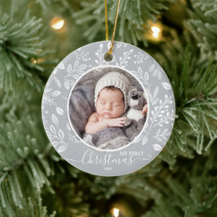 Baby's First Christmas Photo Pewter Ceramic Tree Decoration