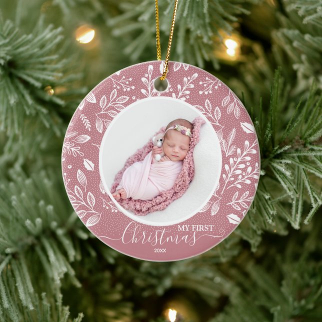 Baby's First Christmas Photo Pink Ceramic Tree Decoration (Tree)