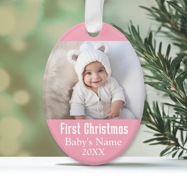 Baby's First Christmas Photo Pink Girl Background Ornament (Personalized First Christmas Ornament)