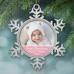 Baby's First Christmas Photo Pink Girl Background Snowflake Pewter Christmas Ornament
