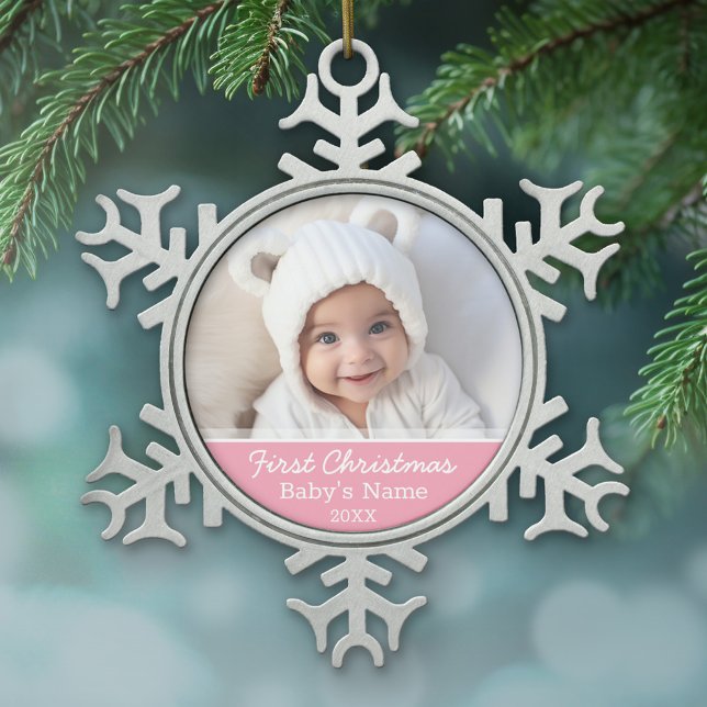 Baby's First Christmas Photo Pink Girl Background Snowflake Pewter Christmas Ornament (Baby's First Christmas Ornament with a cute photo and light pink accents)
