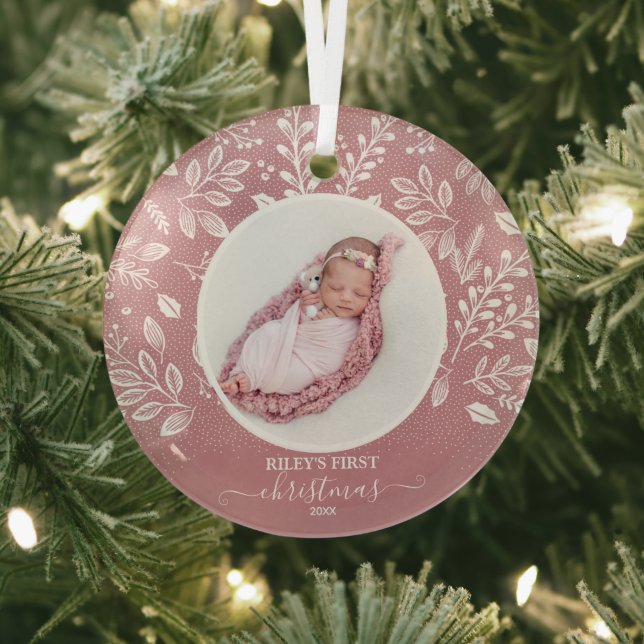 Baby's First Christmas Photo Pink Glass Tree Decoration (Insitu)
