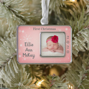 Baby's First Christmas Photo Pink Snowflake Silver Plated Framed Ornament