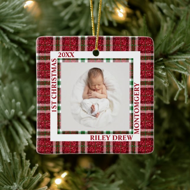 Baby's First Christmas Photo Plaid Ceramic Ornament (Tree)