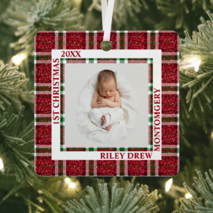 Baby's First Christmas Photo Plaid Metal Tree Decoration