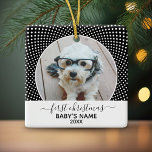 Baby's First Christmas Photo Polka Dot Black White Ceramic Ornament<br><div class="desc">Perfect gift for New Parents or newborn. Customize with your photo. If you need to adjust the photo or type,  click on the CUSTOMIZE THIS button above.</div>