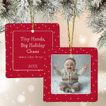 Baby's First Christmas Photo Polka Dot New Parent Ceramic Ornament<br><div class="desc">Commemorate your miracle baby's first Christmas with this sweet photo ornament with a whimsical pink polka dot on red featuring a photo on one side and your text on the back.</div>