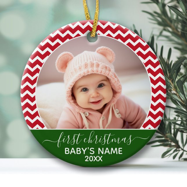Baby's First Christmas Photo red chevrons green Ceramic Tree Decoration (Baby's First Christmas Ornament with Photo and Cute Chevrons)