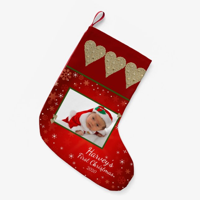 Baby's First Christmas Photo Red Gold Heart Small Christmas Stocking (Front (Hanging))