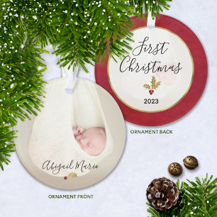 Baby's First Christmas Photo Red & Gold Holly Ornament
