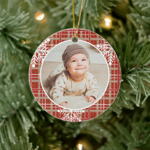 Baby's First Christmas Photo Red Plaid Snowflakes Ceramic Tree Decoration