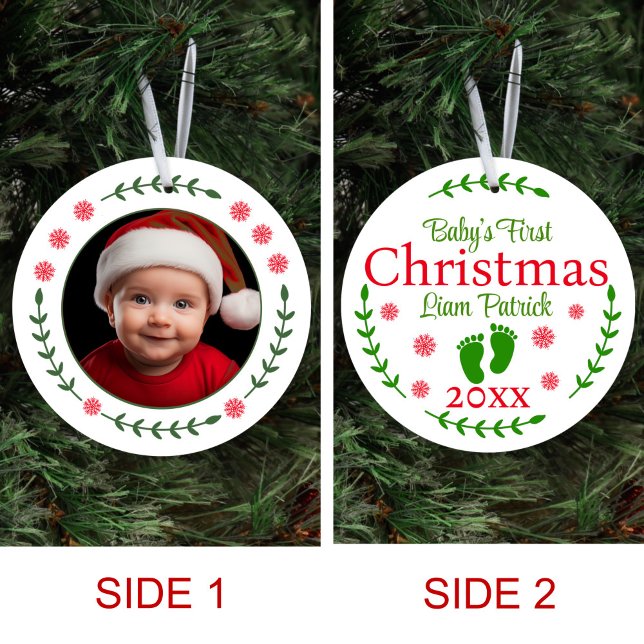 Babys First Christmas Photo Red Snowflake & Laurel Ceramic Tree Decoration (Creator Uploaded)