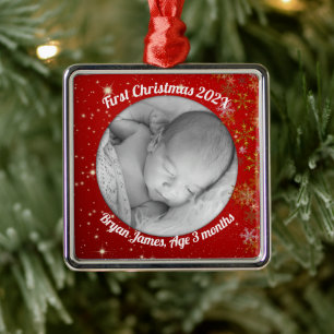 Baby's First Christmas Photo Red Twinkling Stars Metal Tree Decoration