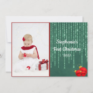Babys First Christmas Photo Silver Glitter Flat Holiday Card