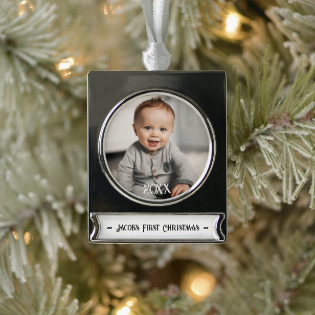 Baby's First Christmas Photo Silver Plated Banner Ornament (Tree)