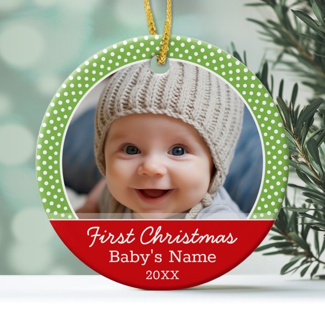 Baby's First Christmas Photo - Single Sided Ceramic Tree Decoration (Baby's First Christmas Ornament with a photo and bright green and red border)
