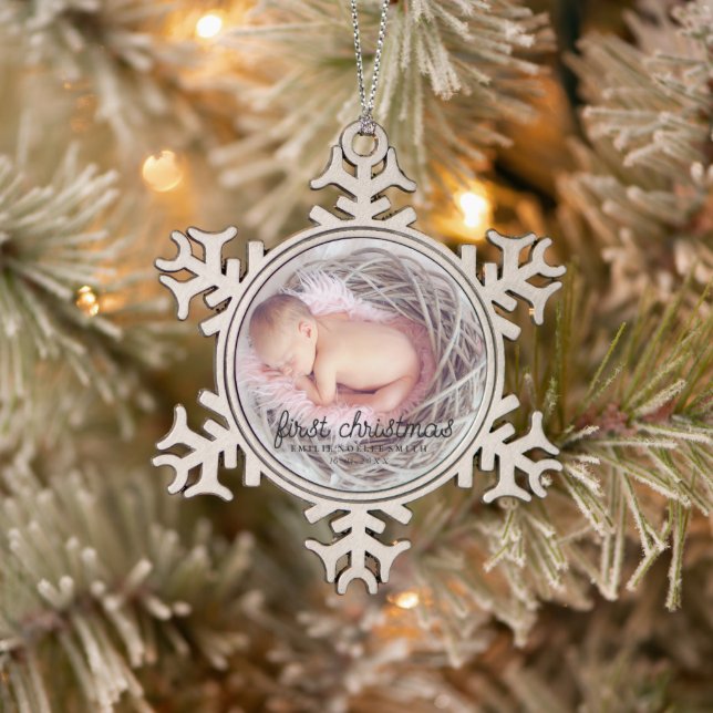 Baby's First Christmas Photo Snowflake Pewter Christmas Ornament (Tree)
