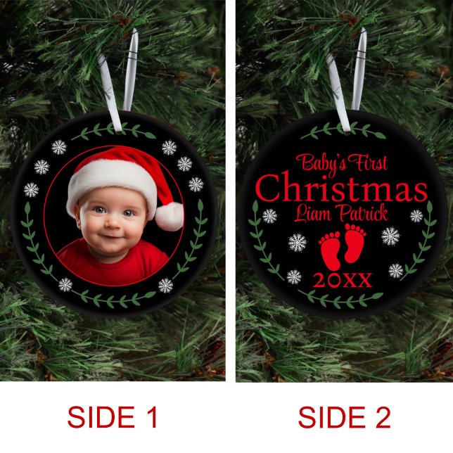 Babys First Christmas Photo Snowflakes & Laurel Ceramic Tree Decoration (Creator Uploaded)