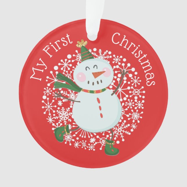 Baby's First Christmas Photo Snowman Snowflakes Ornament (Front)