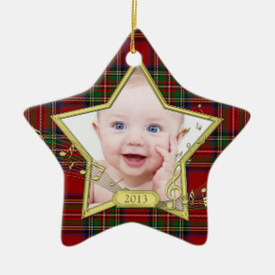 Baby's First Christmas Photo Star Tartan Xmas Ceramic Tree Decoration