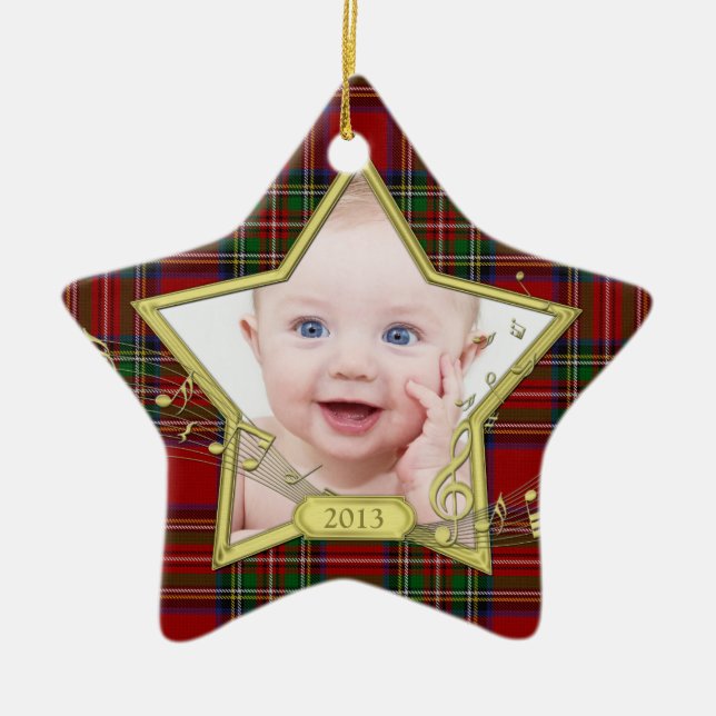 Baby's First Christmas Photo Star Tartan Xmas Ceramic Tree Decoration (Front)