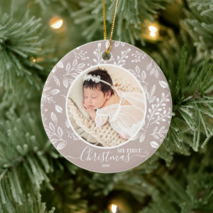 Baby's First Christmas Photo Taupe Ceramic Tree Decoration